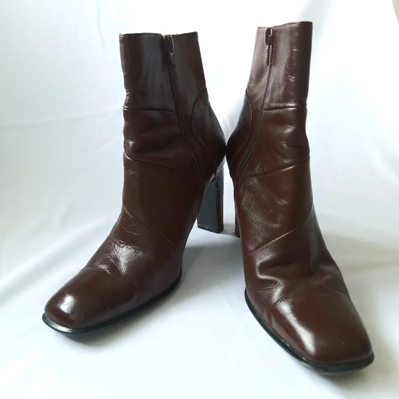 3.5" Heels Brown Real-Leather Ankle Zipper Boots - Picture 11 of 16